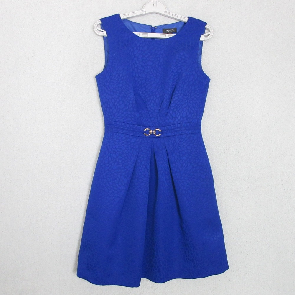 Tahari Arthur S Levine Womens Royal Blue Jacquard Fit Flare Dress Size 4 5631